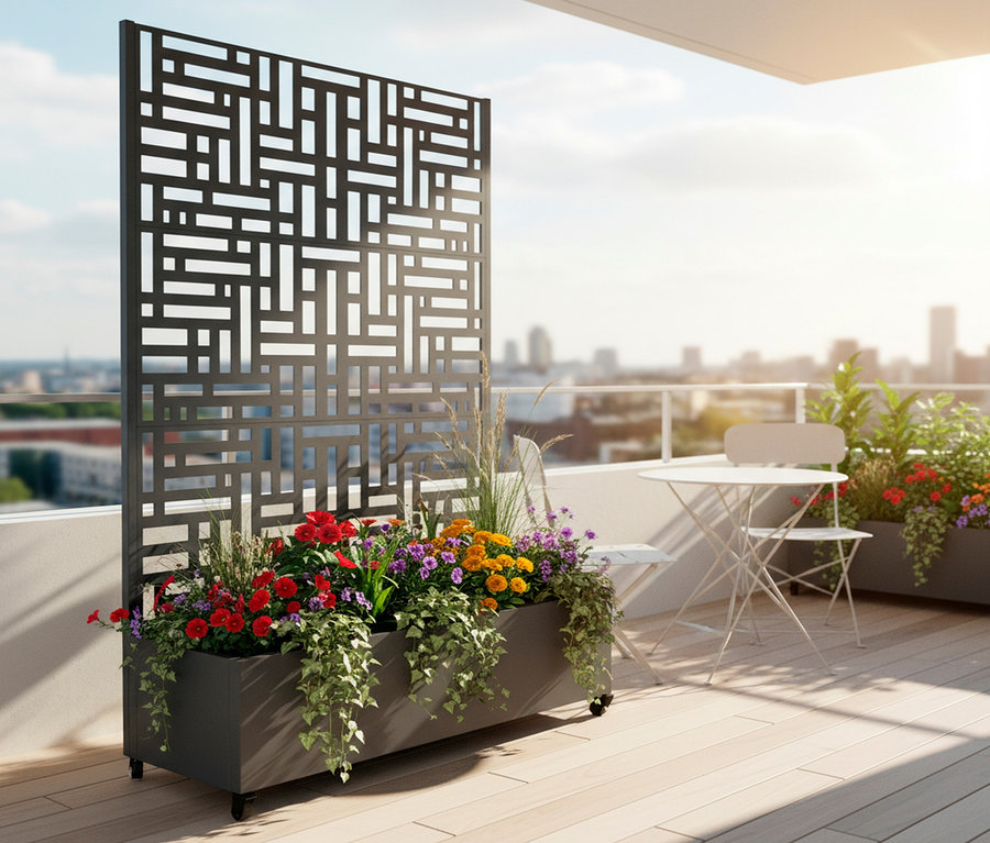 Aufnahme eines grauen Pflanzgefäßes mit bunten Blumen und einem Metallgitter auf einem Balkon mit Tisch und Stühlen.