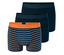 Drei Schiesser Boxershorts, eine gestreift in Orange und Blau, zwei in Dunkelblau.