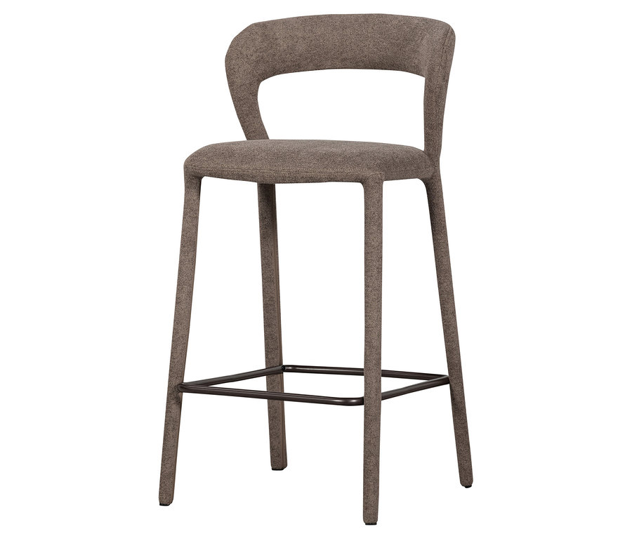 Ein einzelner, hoher Barhocker mit braunem Stoffbezug und einer schwarzen Fußstütze.