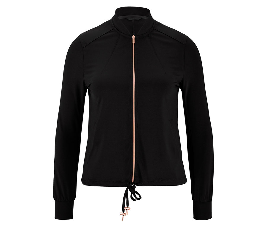 Schwarze Sportjacke mit Reißverschluss und Kordelzug.