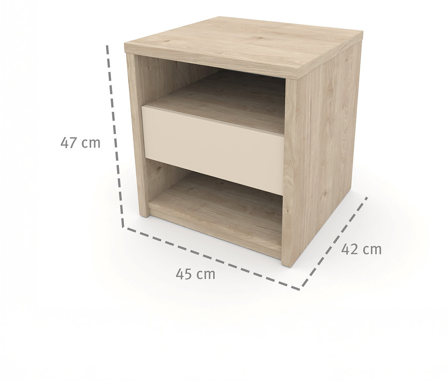 Roba Nachttisch »Louisa« in hellbraun und beige mit Schublade und zwei offenen Fächern, Maße eingezeichnet.