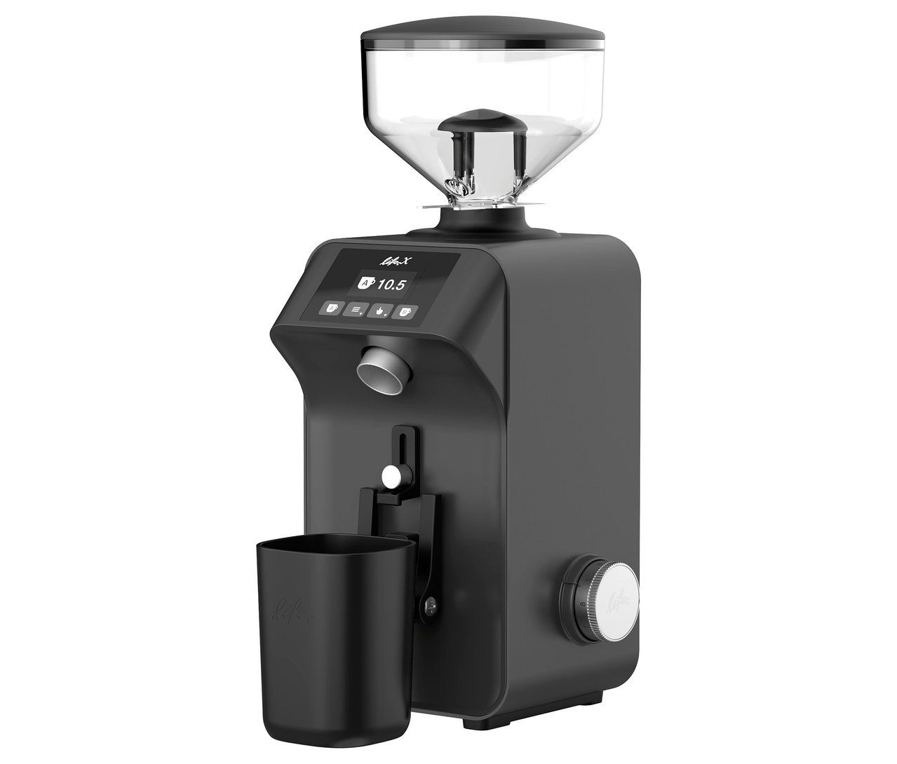 Eine einzelne, mattschwarze Eureka-Kaffeemühle mit einem durchsichtigen Trichter oben und einem schwarzen Becher, der an der Vorderseite befestigt ist.