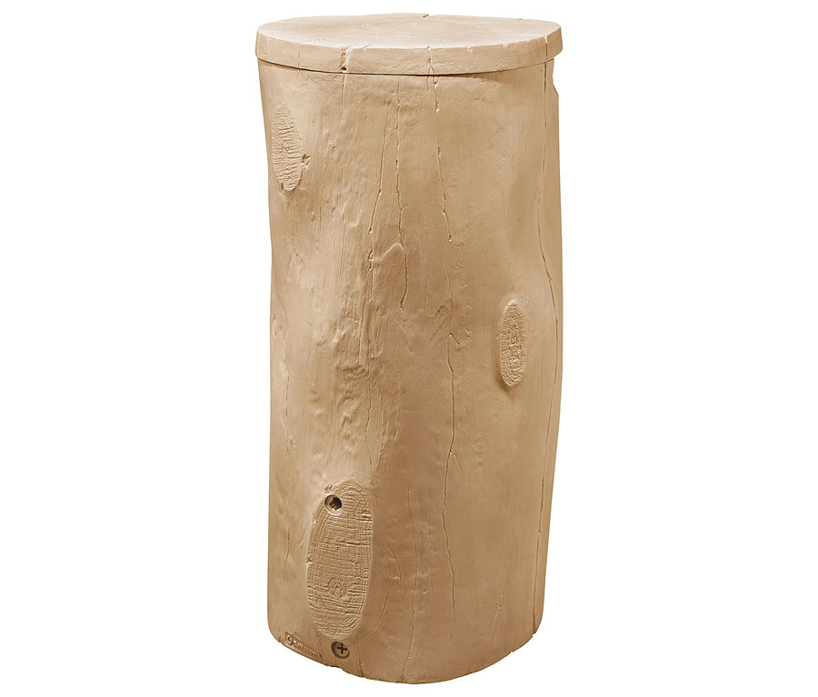 Beige Baumstamm-förmige Aufbewahrungsbox mit Deckel.