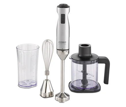 Silberner Stabmixer von Caso Design mit Messbecher, Schneebesen und Zerkleinerer.