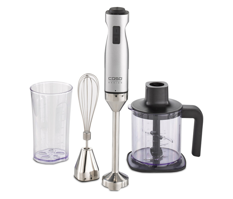 Silberner Stabmixer von Caso Design mit Messbecher, Schneebesen und Zerkleinerer.