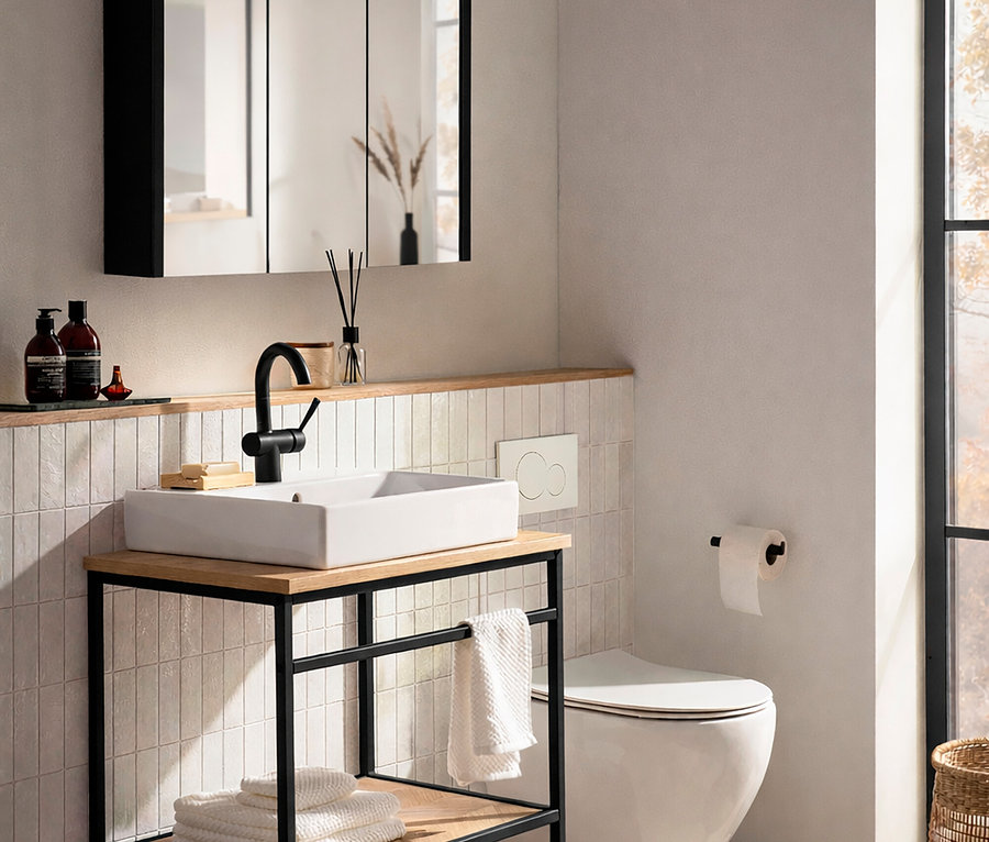 Badezimmer mit schwarzem Waschtisch mit Aufsatzbecken »Lorna« im Fischgrätenmuster, Spiegelschrank, Toilette und Dekoration.