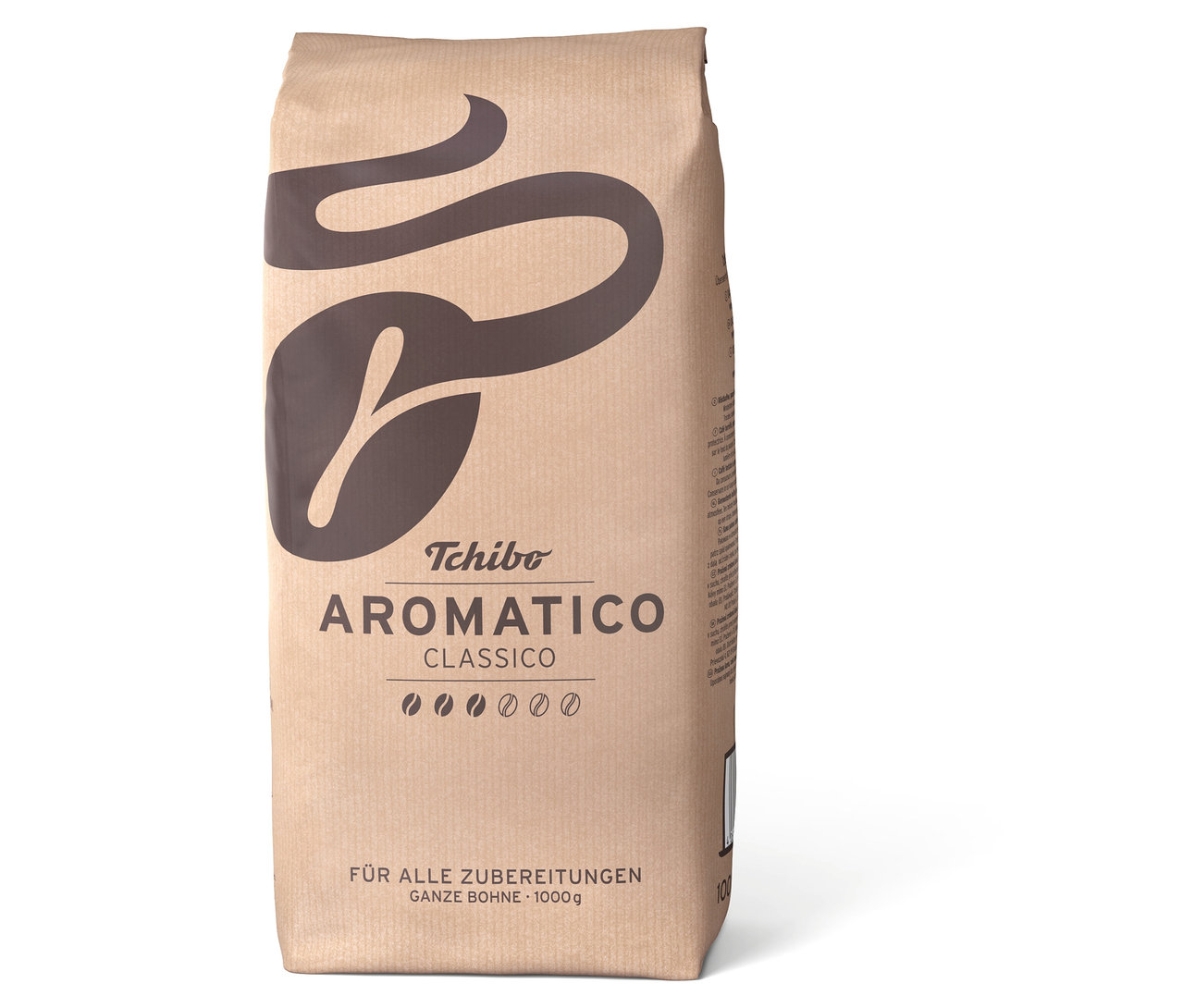 Eine aufrecht stehende Packung Aromatico Classico – 1 kg Ganze Bohne Kaffee, mit braunem Papierdesign und dem Tchibo Logo.