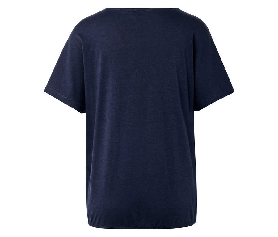 Rückansicht eines marineblauen T-Shirts mit kurzen Ärmeln und einem geraden Saum.