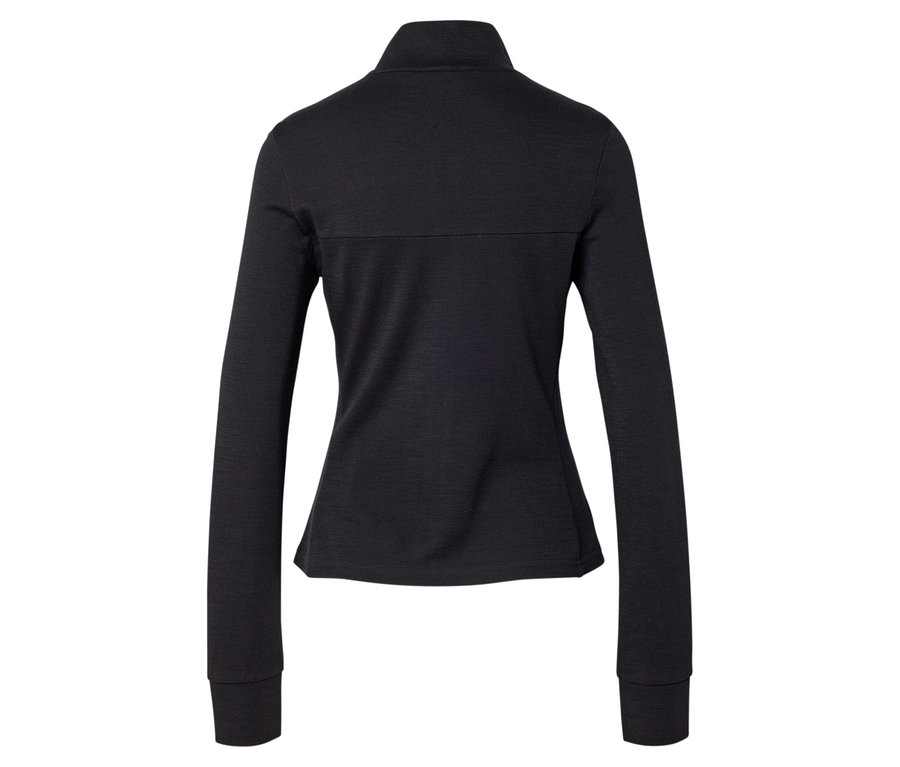 Rückansicht einer schwarzen, taillierten, langärmligen Jacke mit Reißverschluss.
