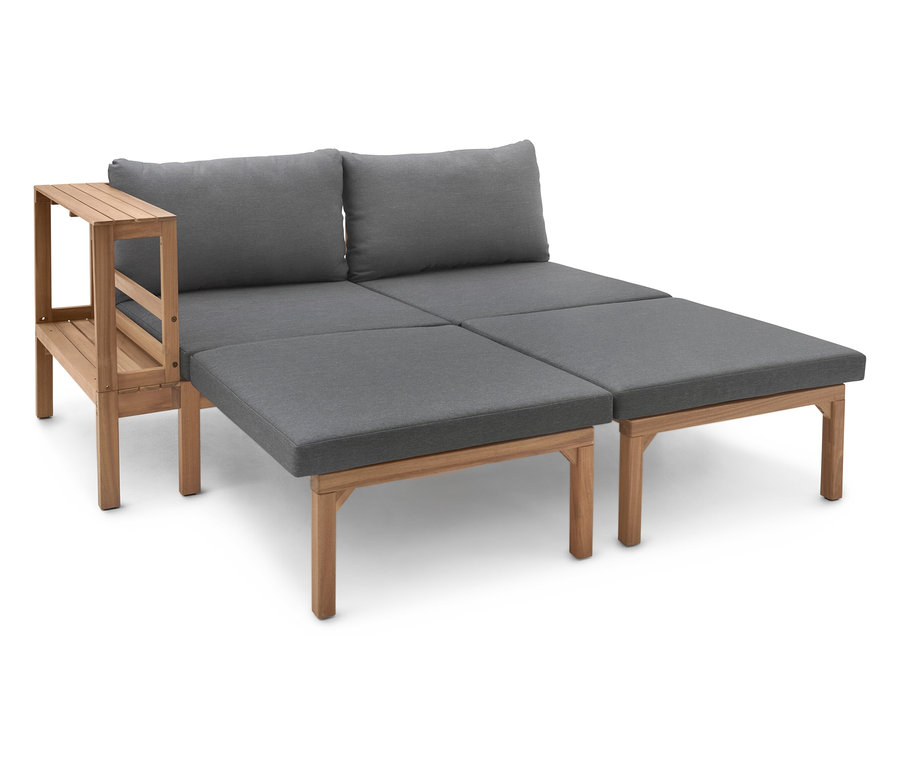 Graues modulares Lounge-Set aus Holz mit zwei Kissen.