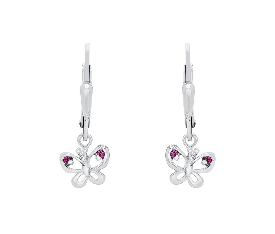 Zwei silberne Schmetterlings-Ohrringe mit rosa Steinen auf weißem Hintergrund.
