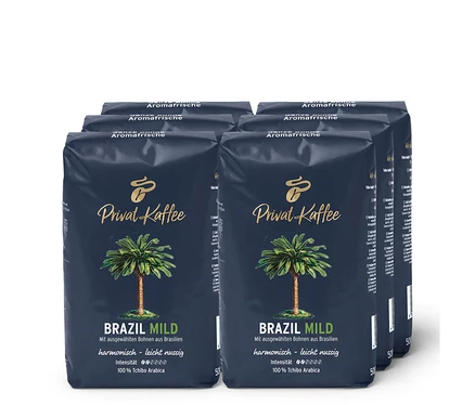 Sechs Packungen Privat Kaffee Brazil Mild - 6x 500 g Ganze Bohne.