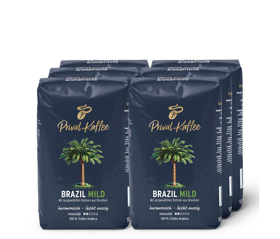 Sechs Packungen Privat Kaffee Brazil Mild - 6x 500 g Ganze Bohne.