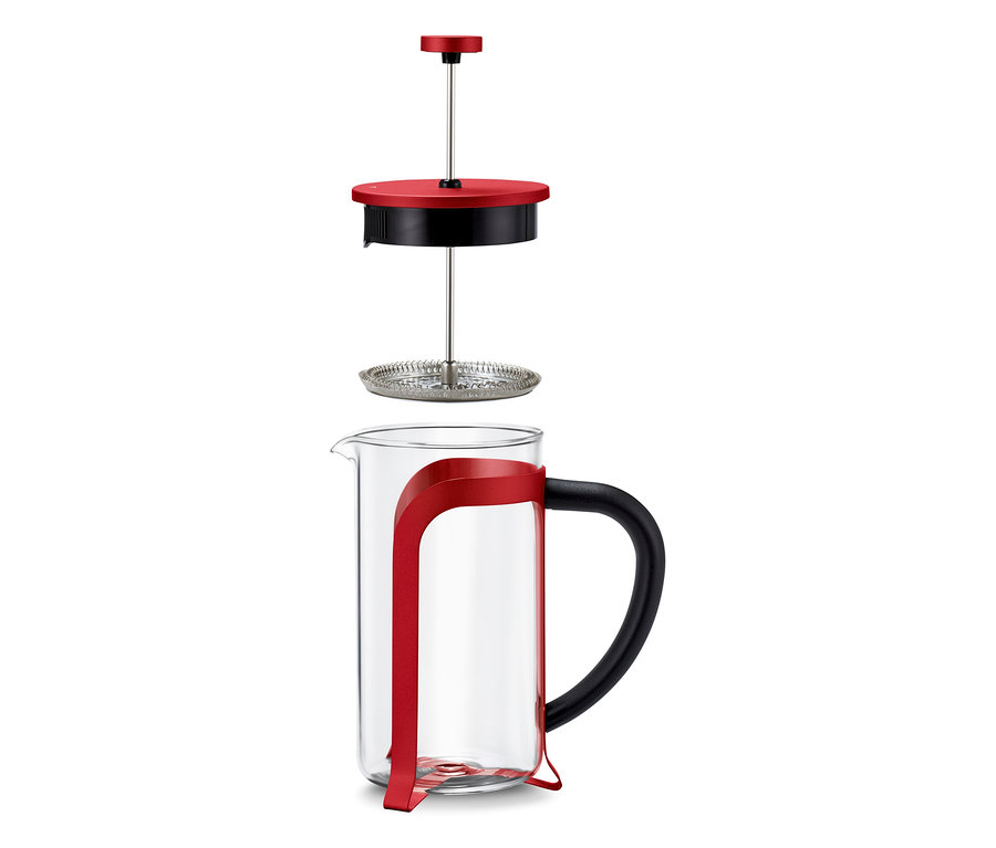 Eine rote Siebstempelkanne (800 ml, 6 Tassen) in Einzelteilen.