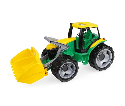 Grüner und gelber GIGA TRUCKS Traktor mit Frontlader und schwarzen Rädern.