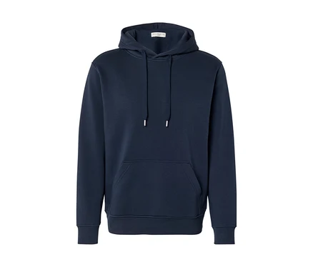Dunkelblauer Hoodie mit Kapuze, Kordelzügen mit weißen Enden, langen Ärmeln und einer Kängurutasche vorne, auf weißem Hintergrund.