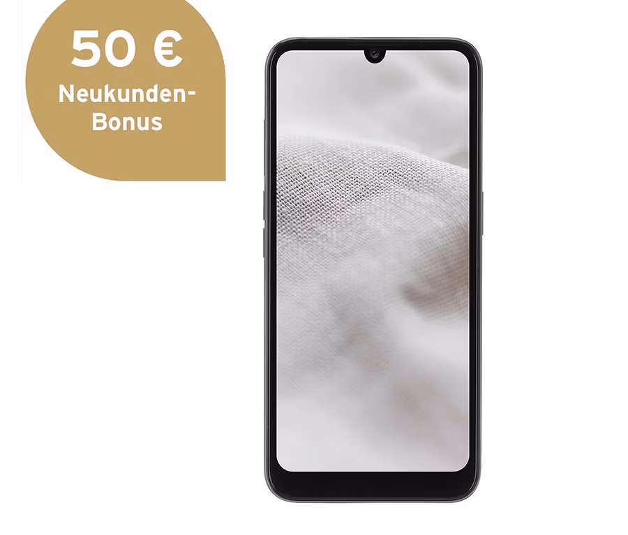 Schwarzes Smartphone mit weißem Bildschirm auf weißem Hintergrund.