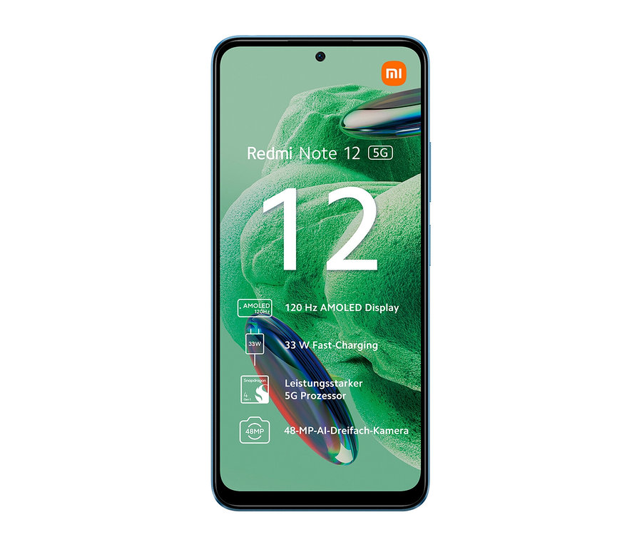 Schwarzes Xiaomi Redmi Note 12 Pro 5G mit Display, das die Zahl 12 anzeigt.