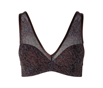Ein brauner Bralette mit Leopardenmuster in Blau- und Dunkelbrauntönen. Er hat einen tiefen V-Ausschnitt mit transparentem Netzstoff an den oberen Körbchen.