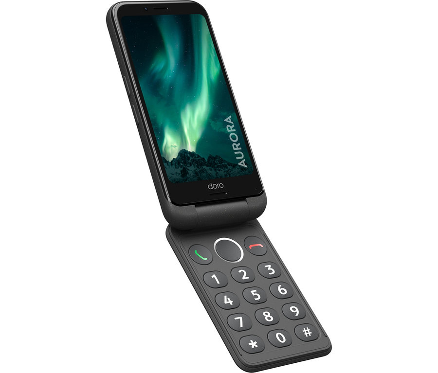Ein graphitfarbenes Doro Aurora A20 64 GB Klapphandy.