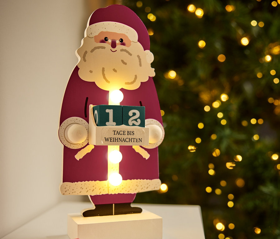 Dekorative Weihnachtsmann Holzfigur mit Countdown bis Weihnachten.