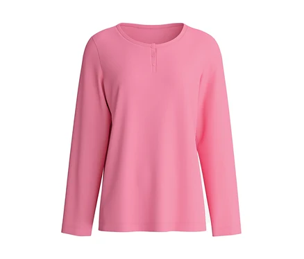 Rosa Langarmshirt mit Rundhalsausschnitt und Knopfleiste.