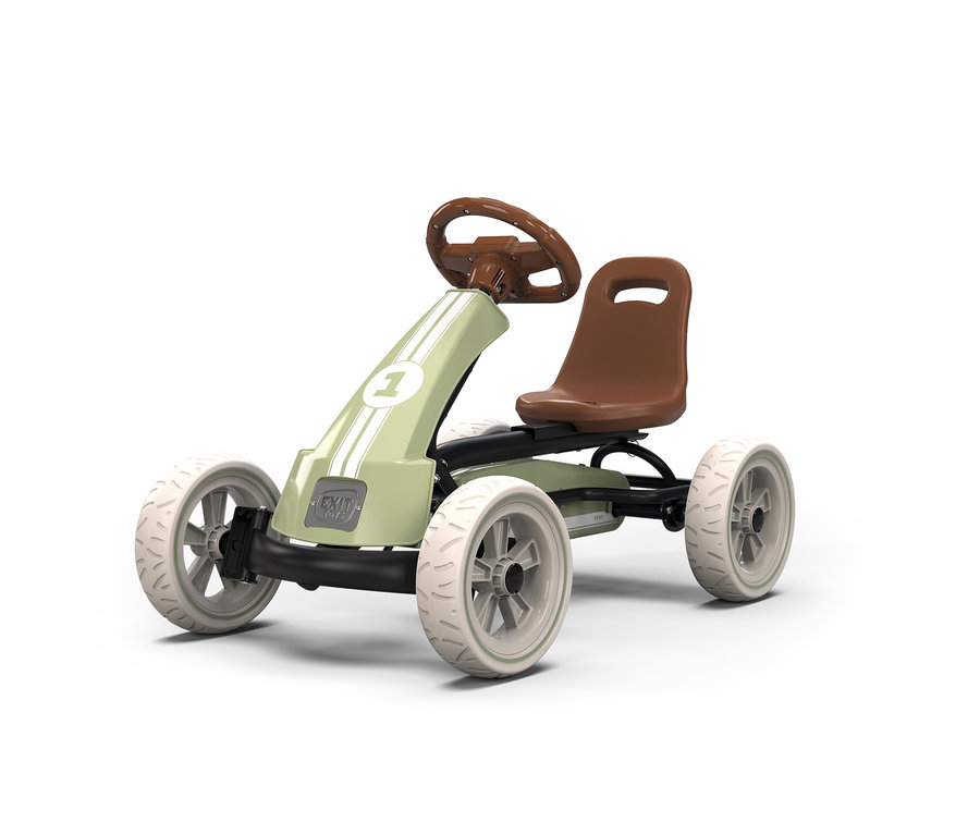 Hellgrünes Gokart mit weißen Rennstreifen und der Nummer 1 vorne. Es hat einen braunen Sitz, ein braunes Lenkrad und hellgraue Räder.