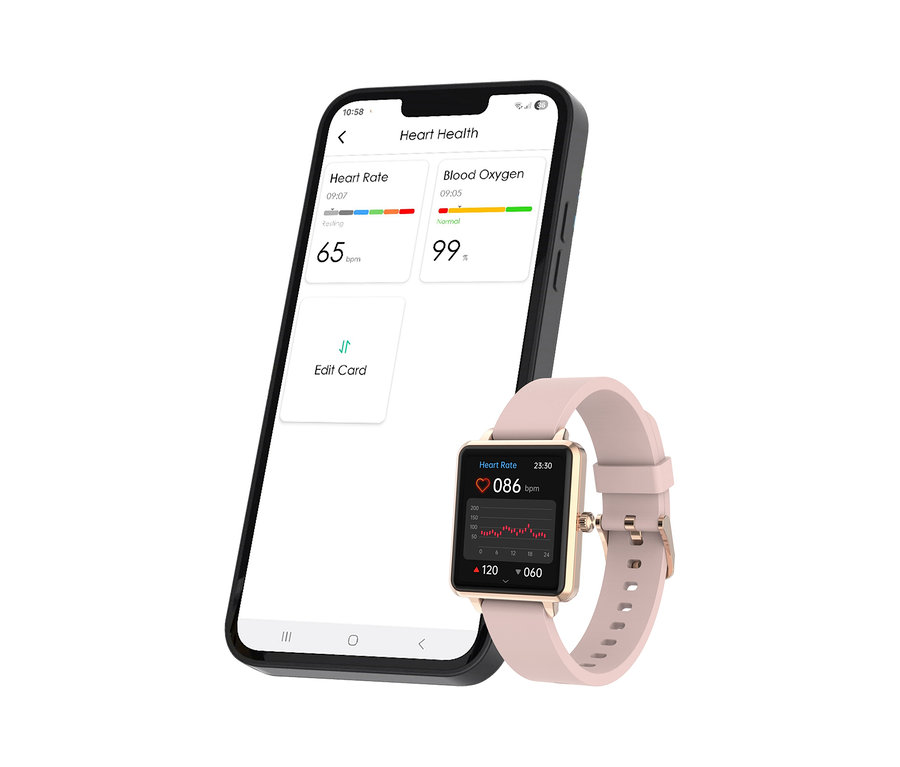 Ein schwarzes Smartphone zeigt eine Herzgesundheits-App mit Herzfrequenz und Blutsauerstoff. Davor liegt eine roségoldfarbene Kienzle Uhr »Smart Slim« mit rosafarbenem Armband, die ebenfalls Herzfrequenz anzeigt.