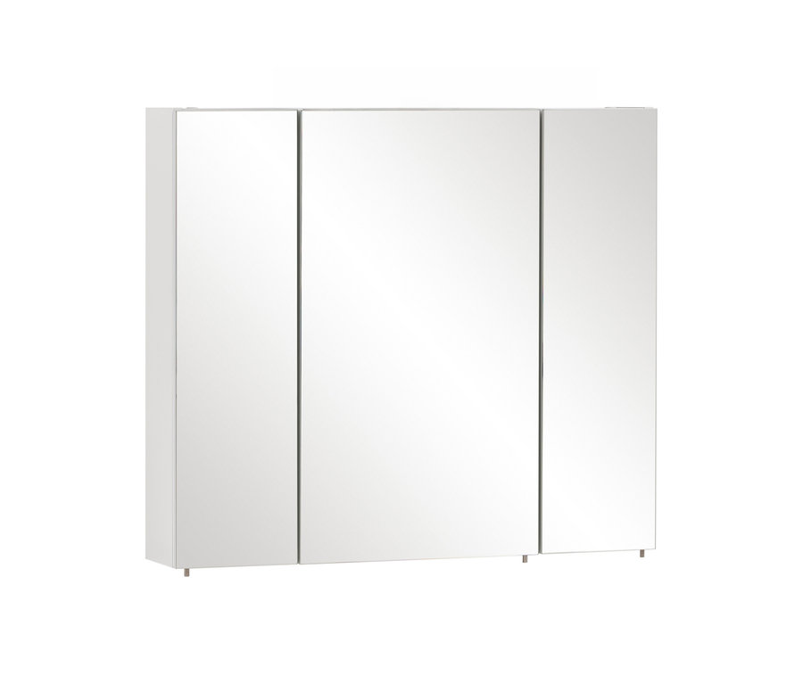 Weißer Spiegelschrank »Basic«, 80 cm, mit drei Spiegeltüren vor weißem Hintergrund.