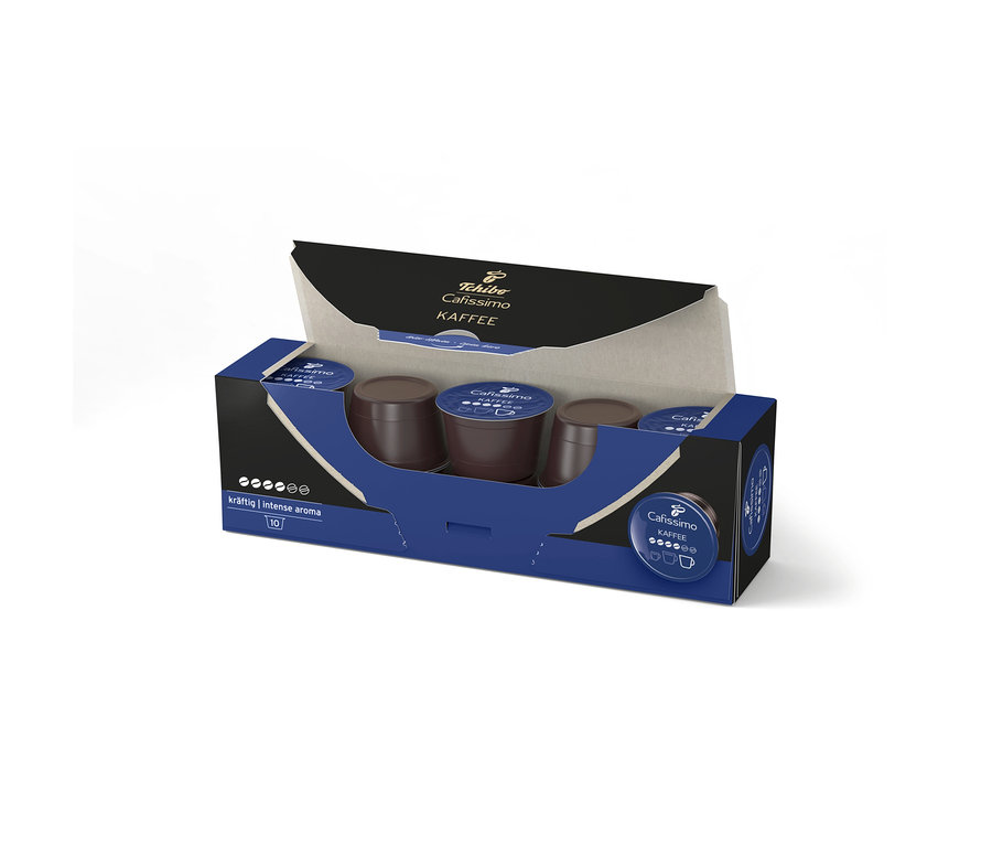 Offene Packung mit 10 Cafissimo Kaffee kräftig Kapseln in Dunkelblau und Schwarz.