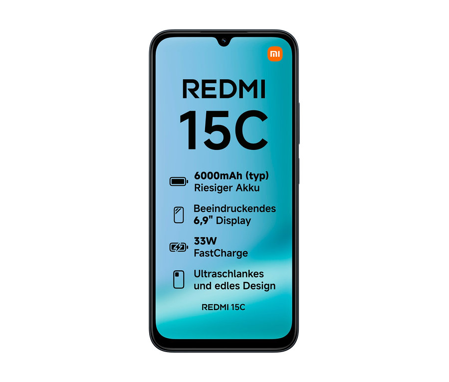 Ein schwarzes Xiaomi Redmi 15C Midnight Black Smartphone zeigt auf seinem Display in Blau die Aufschrift "REDMI 15C" und Merkmale wie 6000mAh Akku, 6,9 Zoll Display, 33W FastCharge und ultraschlankes Design.