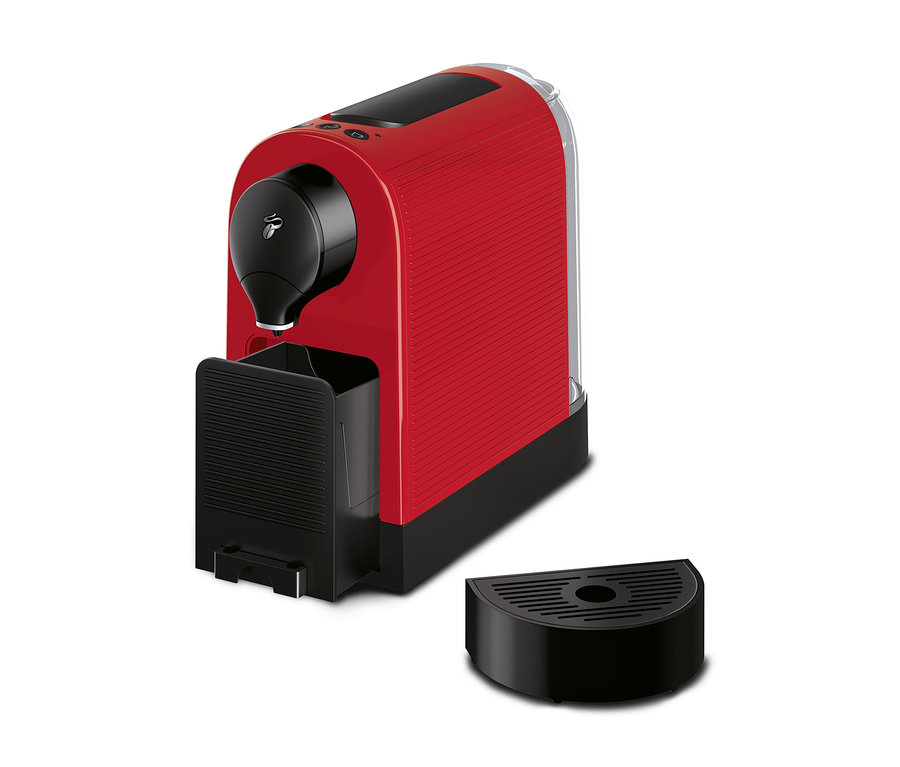 Rote Cafissimo pure+ Kaffeemaschine auf weißem Hintergrund.