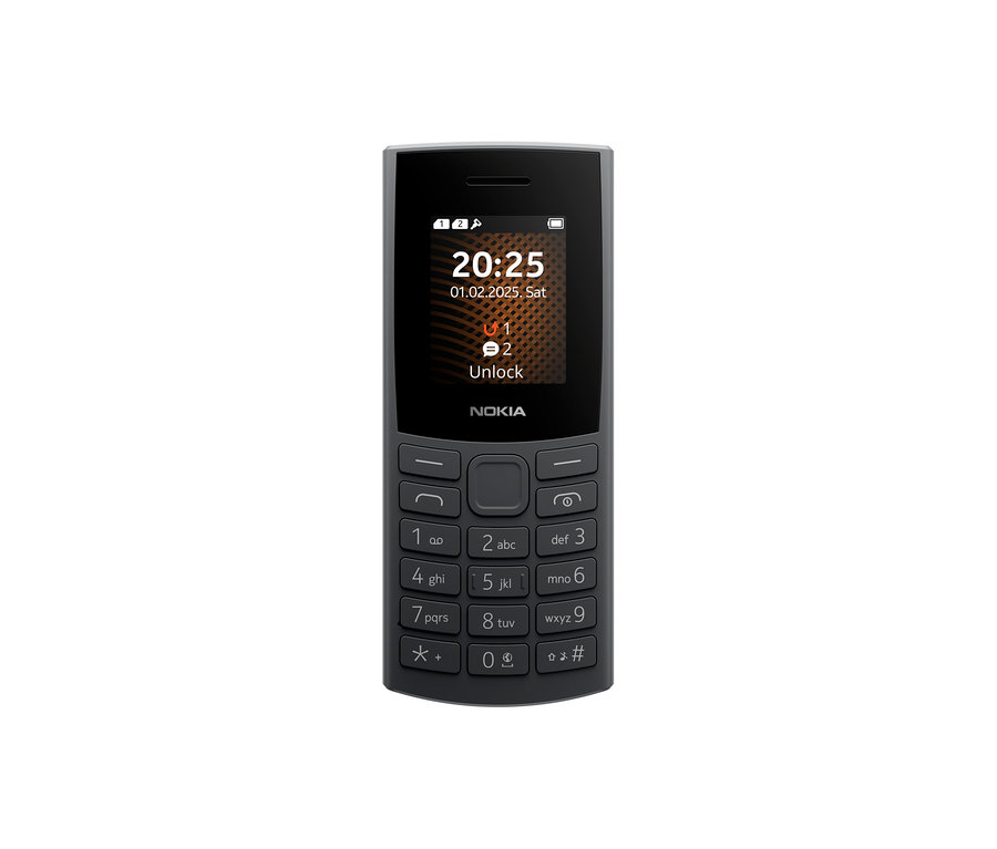 Vorderansicht eines Nokia 105 4G 2nd Edition Handys in Anthrazit.