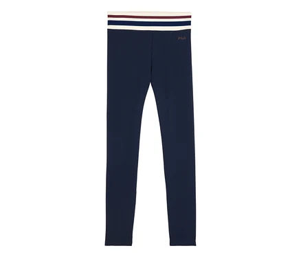 Dunkelblaue gerippte FILA Damen-Sportleggings mit gestreiftem Bund und Logo.