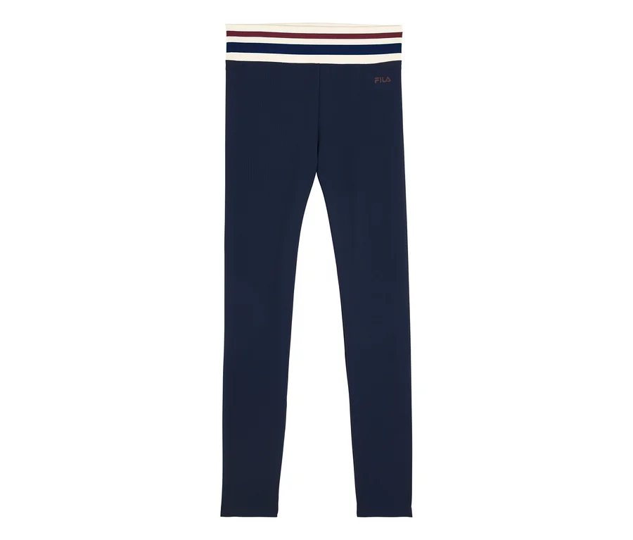 Dunkelblaue gerippte FILA Damen-Sportleggings mit gestreiftem Bund und Logo.