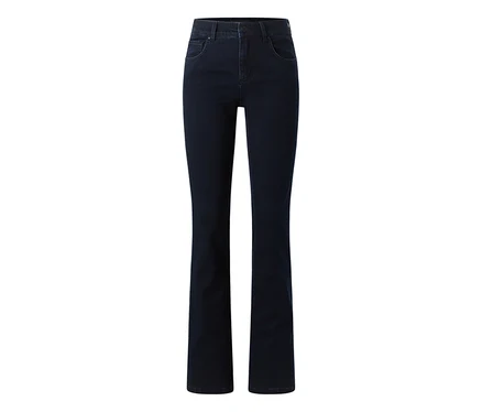 Dunkelblaue Jeans mit geradem Bein und hoher Taille, auf weißem Hintergrund.
