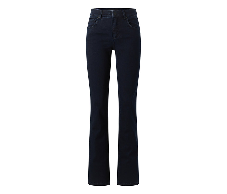 Dunkelblaue Jeans mit geradem Bein und hoher Taille, auf weißem Hintergrund.
