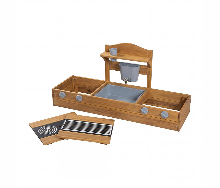 Hölzerne Spielküche mit grauer Spüle, Wasserhahn, Regal und zwei separaten Kochplatten-Elementen.