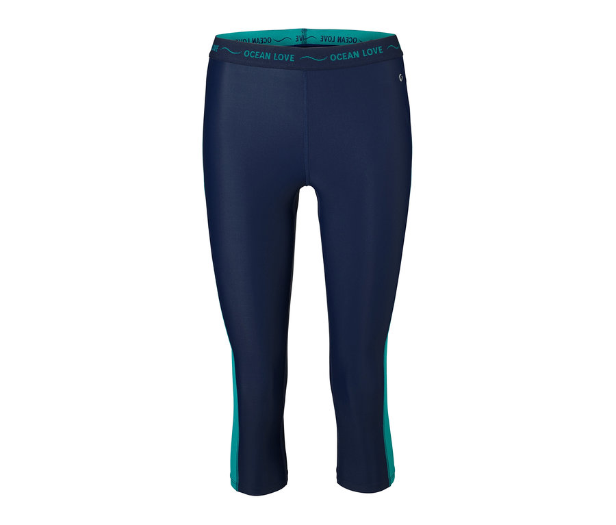 Eine dunkelblaue Schwimm-Lauftight mit türkisen Details an den Seiten.