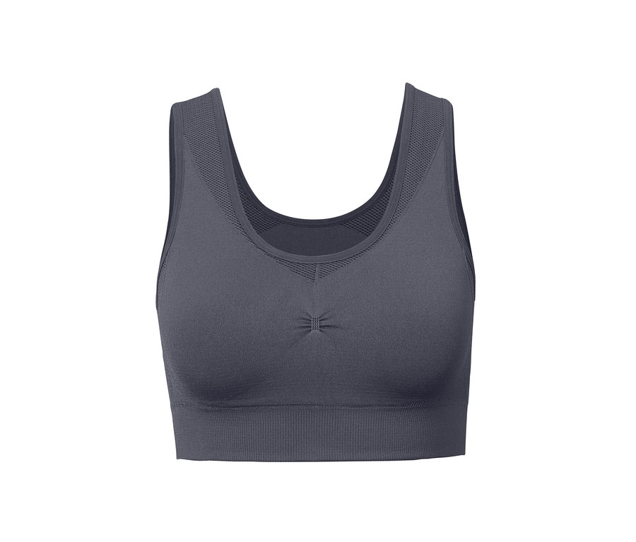 Graues Seamless-Sport-Bustier auf weißem Hintergrund.