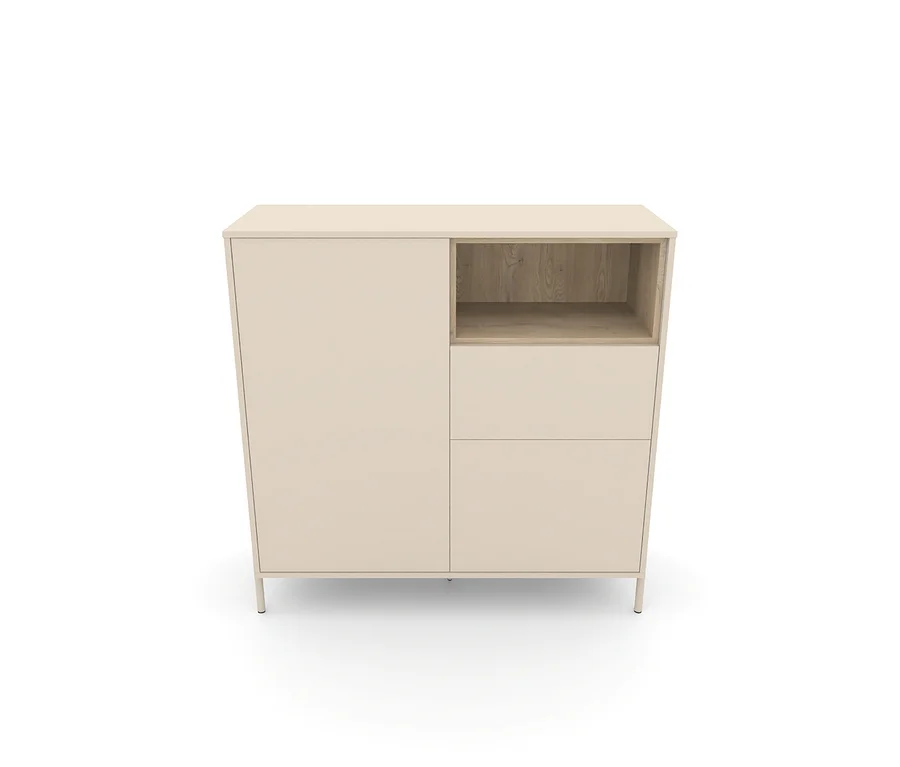 Cashmere-weißes Highboard »Hygge« mit zwei Türen, einem offenen Fach mit Holzrückwand und einer Schublade.