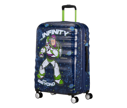 Dunkelblauer Koffer mit Buzz Lightyear-Motiv, grünem Griff und vier Rädern. Aufschrift "TO INFINITY AND BEYOND".