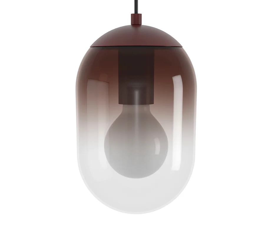 Hängende Pendelleuchte mit rotbraunem und klarem Glas-Farbverlauf und weißer Glühbirne.