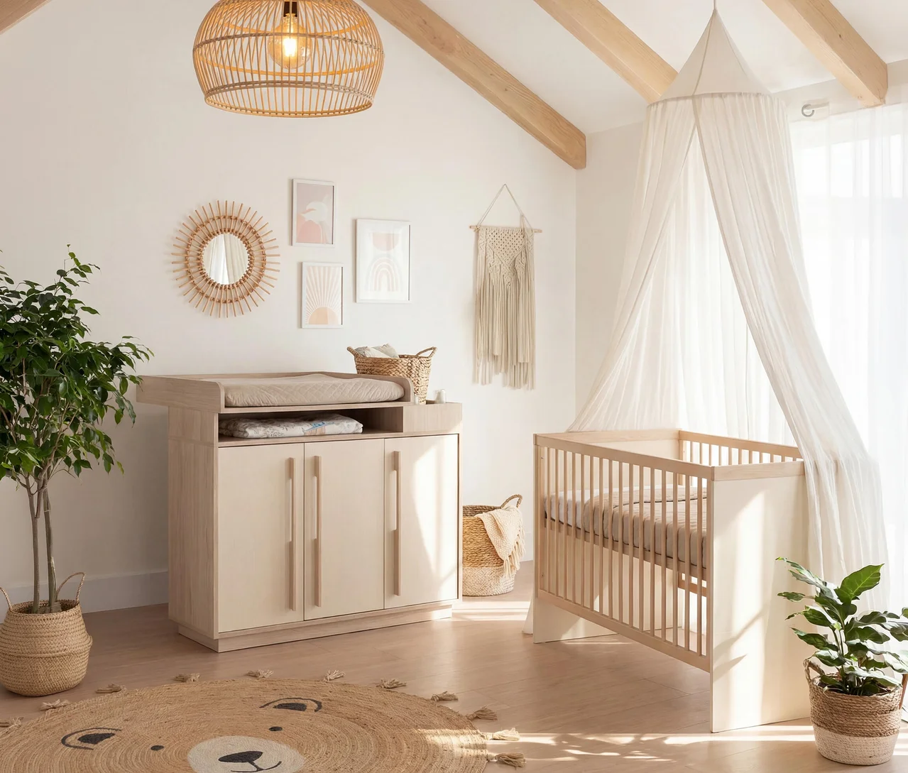 Helles Kinderzimmer mit dem Roba 3-teiligen Kinderzimmer-Set »Elva« in Cashmere und Virginia Chestnut, das eine Wickelkommode mit Wickelauflage und ein Babybett mit Baldachin umfasst. Ein runder Bären-Teppich liegt auf dem Holzboden.