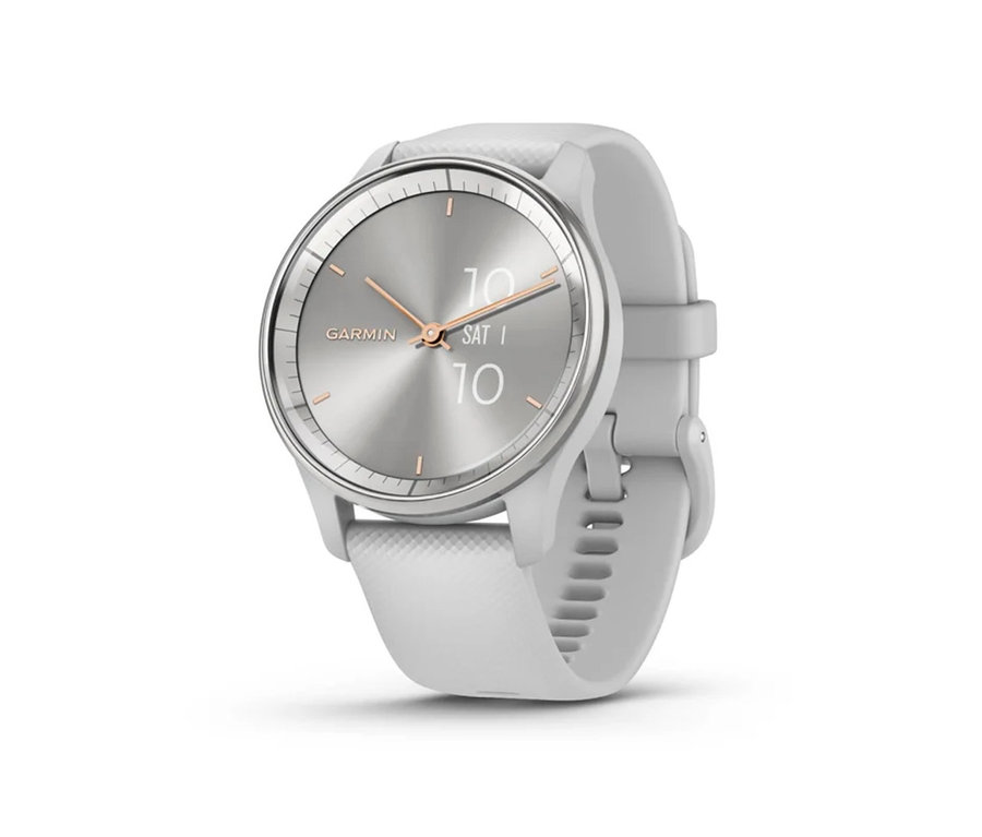 Eine hellgraue GARMIN vivomove Trend Uhr mit einem weißen Armband.