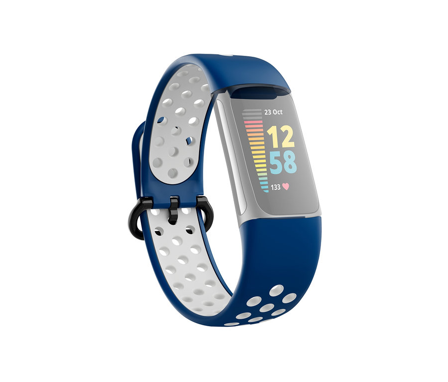 Blauer Fitness-Tracker mit Display, das die Uhrzeit 12:58 anzeigt.