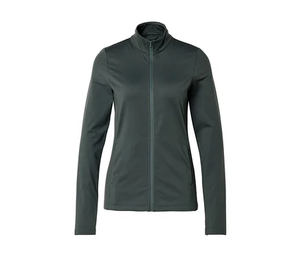 Graue, langärmlige Jacke mit durchgehendem Reißverschluss und Stehkragen vor weißem Hintergrund.