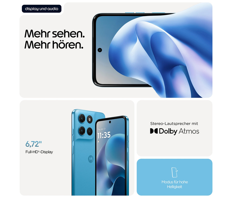 Das blaue Motorola moto g17 LTE mit 128 GB wird mit Display und Rückseite gezeigt.