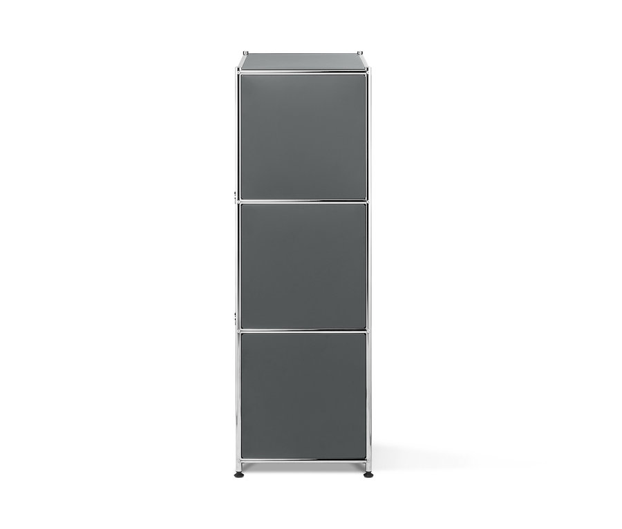 Graues Metall-Regal mit 2 versetzbaren Klappenfächern.