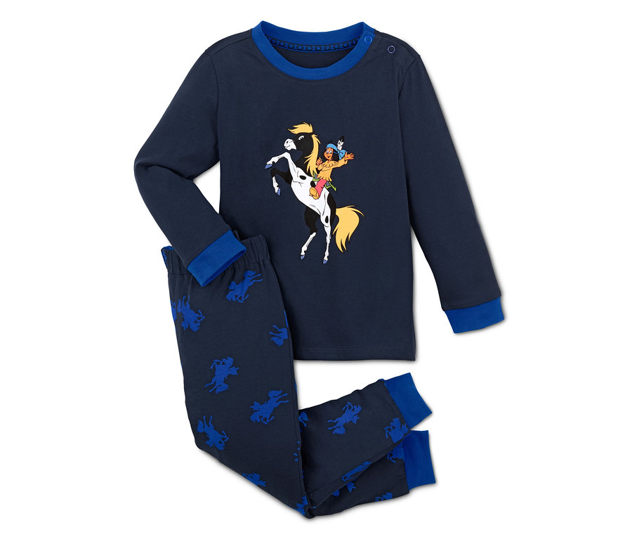 Marineblauer Yakari-Pyjama mit langen Ärmeln und Hosen mit Pferde-Print.